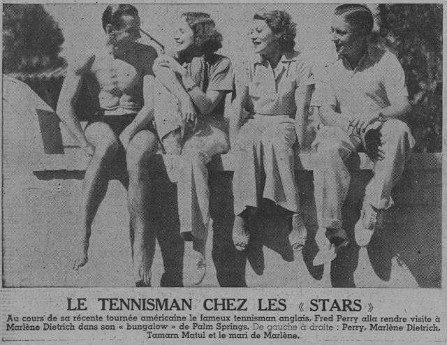 English tennis player Fred Perry, Marlene Dietrich, Tamara Matul, and Rudolf Sieber in Palm Springs, California, 1934