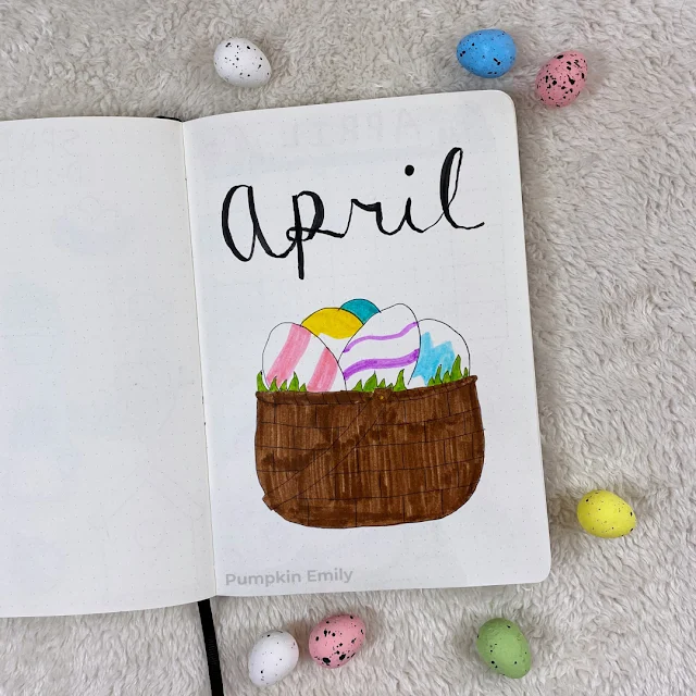 Easter egg and basket themed April bullet journal cover page