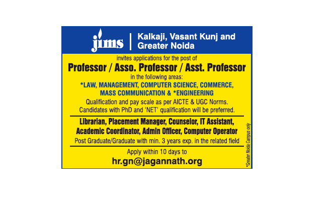 Faculty (Law) at JIMS, Kalkaji, Vasant Kunj and Greater Noida