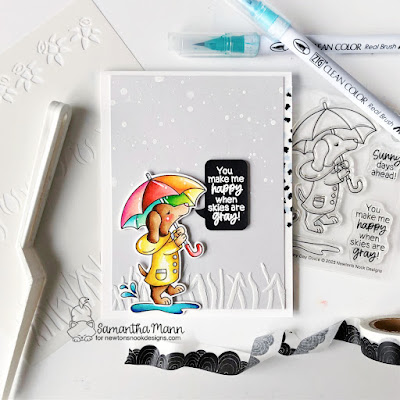 Happy When Skies are Grey Card by Samantha Mann for Newton's Nook Designs, Zig Clean Color Real Brush Markers, Encouragement Card, Card Making, Handmade cards, Doxie, Umbrella, #newtonsnook #newtonsnookdesigns #umbrella #doxie #cardmaking #handmadecards