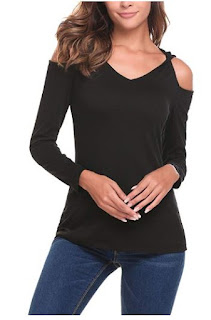 SummerRio Women Casual V Neck Long Sleeve Twist Cold Shoulder Tunic Top T-Shirt