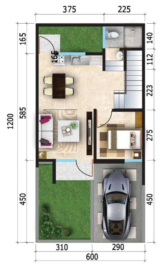 Denah rumah minimalis ukuran 6x12 meter 3 kamar tidur 2 lantai