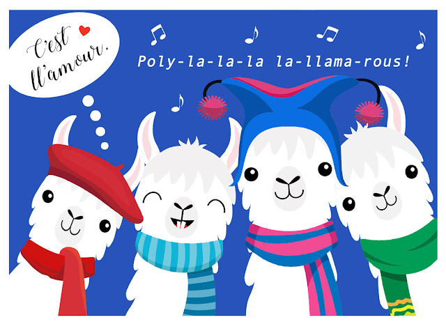 Four llamas in holiday dress singing "Poly-la-la-la, la-llama-rous!"