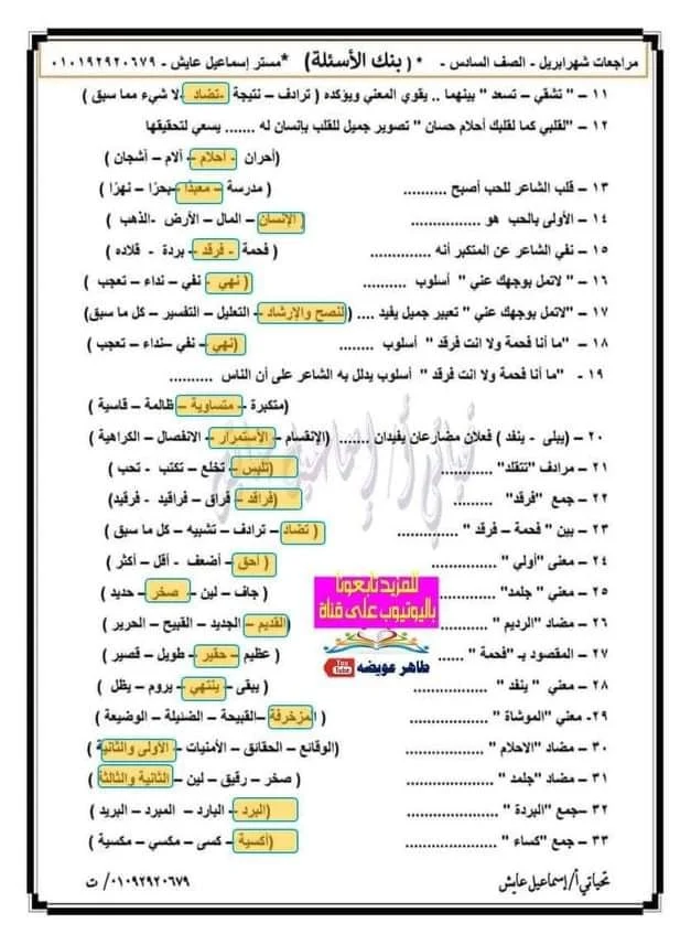 أقوى مراجعة لغة عربية للصف السادس الإبتدائى ترم ثانى 2021 (أهم اسئلة اختيار من متعدد)