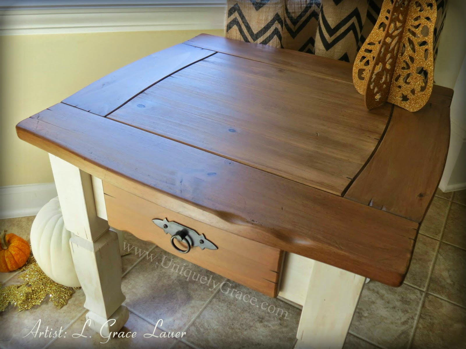 Uniquely Grace: A worn down Pier One End Table gets refinished ... - Pin it! If you like it!