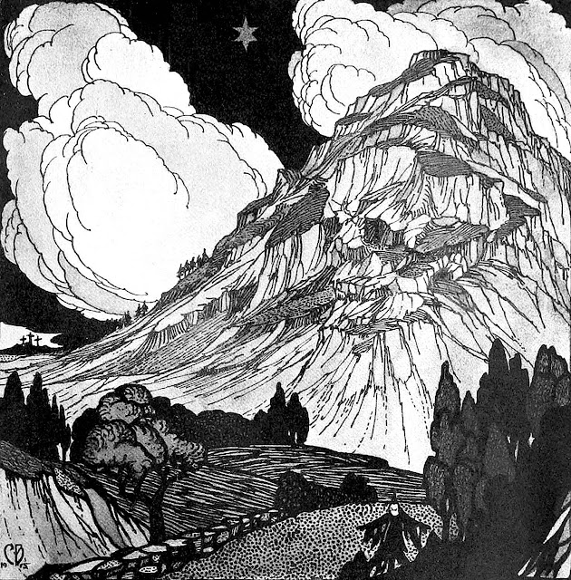 Clifford J. Beese 1915 ink drawing of a mountain