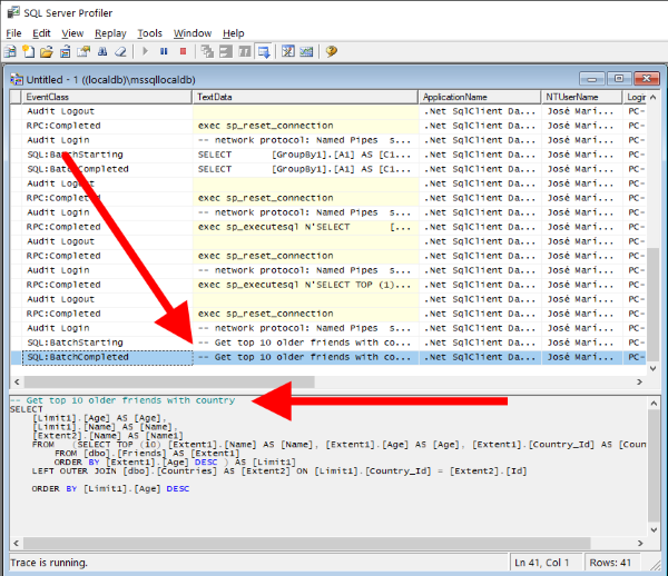 SQL Profiler mostrando queries etiquetadas