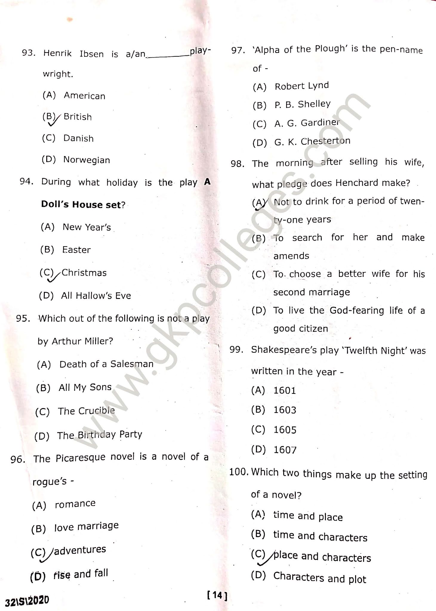 DDU M.A. English Entrance Exam Question Paper 2020 with Answer Key