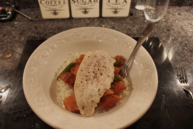 Basa with curried vegetables and rice