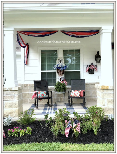 Farmhouse-Fourth of July-Buntings-Rocking Chairs-Grandin Road-Plaid Porch Rug-Pioneer Woman Pillows-Patriotic Front Porch-From My Front Porch To Yours