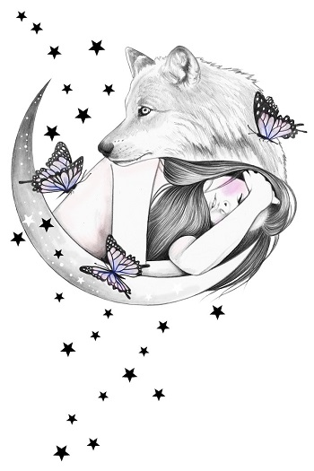 "Over the Moon" by Andrea Hrnjak | dibujos bonitos a lapiz | imagenes lindas | illustration art | mujer con lobos mariposas y luna