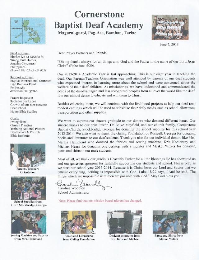 A Thank You Letter from Cornerstone Baptist Deaf Academy