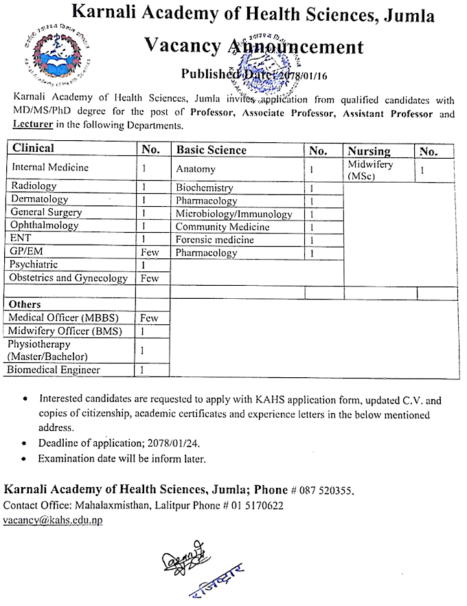 Karnali Academy of Health Sciences Vacancy Announcement for Various Positions