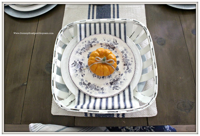 French Country Farmhouse Fall Dining Room-Tablescape-Placesetting-Tobacco Basket-Transferware-Blue and White-From My Front Porch To Yours