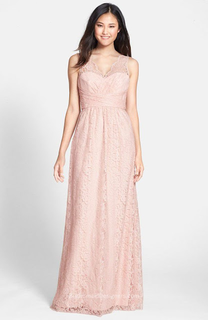 Pink Sleeveless Floor Length Column Gorgeous Lace Bridesmaid Dress V-Neck