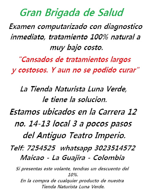 Gran brigada de Salud - examen computarizado con diagnostico inmediato Tratamiento 100 por ciento naturala muy bajo costo.