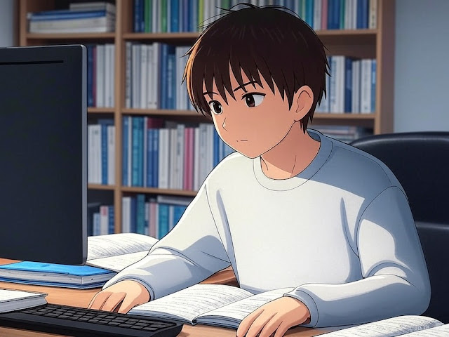 Estudante no computador, com cadernos e livros