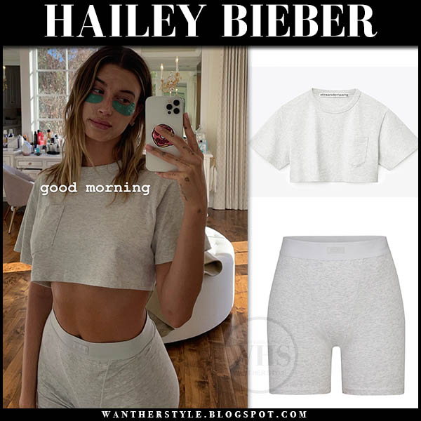 Hailey Baldwin in grey crop top and grey boxer shorts