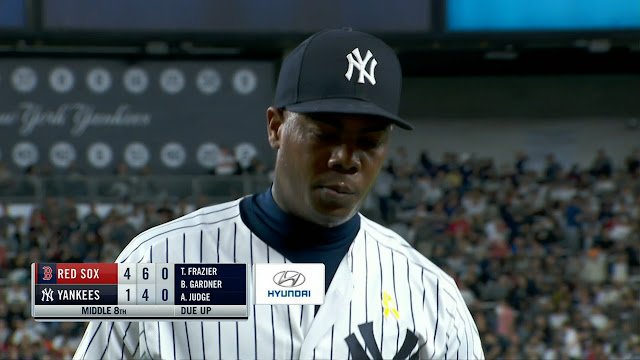 Aroldis Chapman salió a tirar el octavo episodio y enseño su mejor versión ante los Medias Rojas.