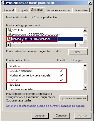 Permisos de usuario en carpetas compartidas de Windows.