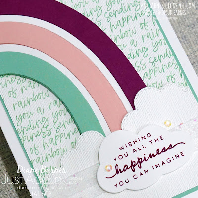 Handmade rainbow card using Stampin Up Rainbow of Happiness stamp set and bundle, Basic Borders dies, cloud punch, Happiness Abounds stamp set & bundle. Card by Di Barnes - Independent Demonstrator in Sydney Australia - #stampinupcards #colourmehappy #diecutting