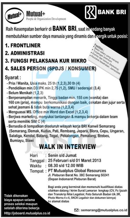 Lowongan Kerja PT. Bank Rakyat Indonesia (Persero) Kanwil 