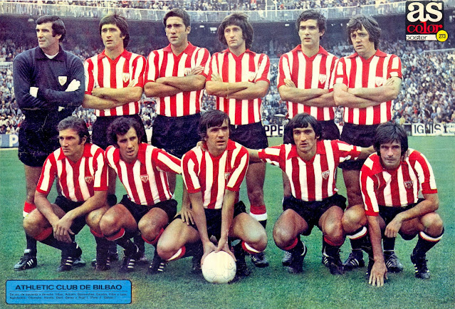 ATHLETIC CLUB DE BILBAO. Temporada 1976-77. Iribar, Astrain, Goicoechea, Escalza, Villar y Lasa. Churruca, Irureta, Dani, Garay y Rojo I. REAL MADRID C. F. 2 🆚 ATHLETIC CLUB 3 Domingo 12/09/1976. Campeonato de Liga de 1ª División, jornada 2. Madrid, estadio Santiago Bernabéu. GOLES: ⚽0-1: 22’, Churruca. ⚽0-2: 28’, Dani. ⚽1-2: 52’, Pirri, de penalti. ⚽2-2: 58’, Santillana. ⚽2-3: 64’, Irureta.