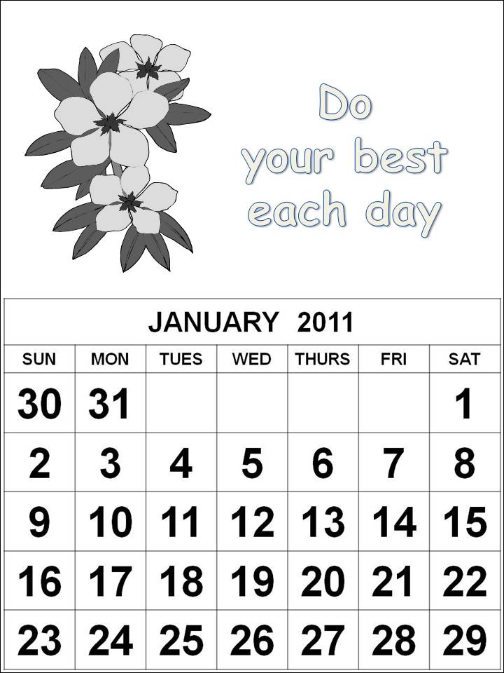 january 2011 calendar word