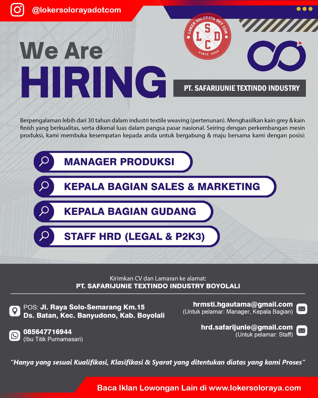 Loker Manager Produksi, Kabag Sales & Marketing, dll di PT Safarijunie Textindo Industry Boyolali