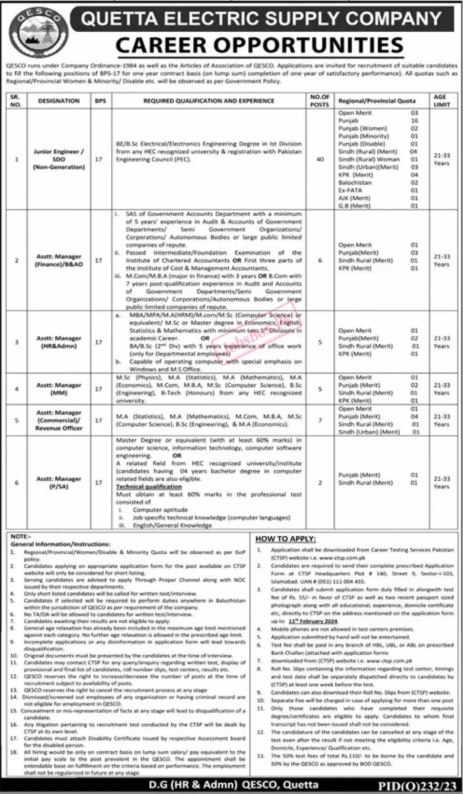 Quetta Electric Supply Company QESCO Jobs 2024 Latest Advertisement