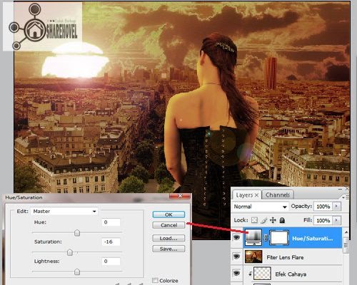 tambahkan layer adjustment hue/saturation - trik cara membuat efek sunset di photoshop