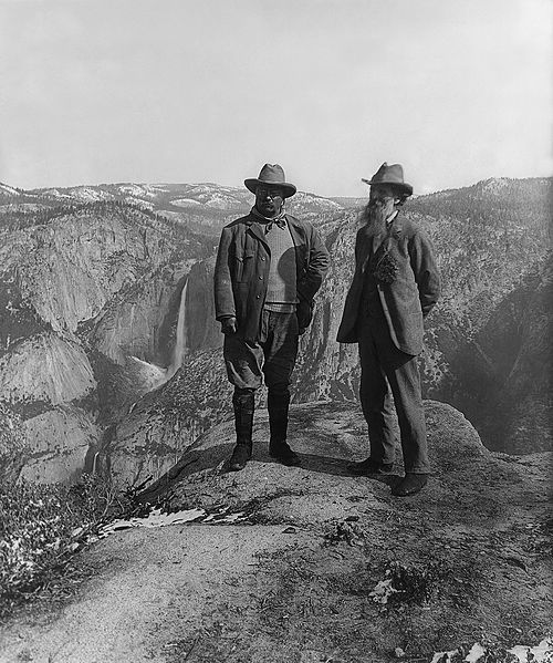 Nature preservationist John Muir with US President Theodore Roosevelt (left) on Glacier Point in Yosemite National Park