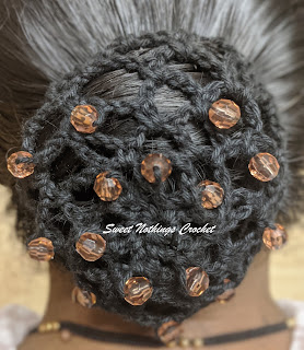 Sweet Nothings Crochet free crochet pattern blog, free crochet pattern for a beaded hair net, photo of the beaded hair net.