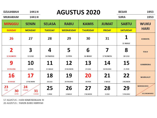 KALENDER 2020  INDONESIA JAWA  LENGKAP 12 BULAN DENGAN 