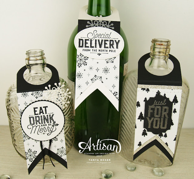 The Merry Little Labels stamp set combined with the Layering Circles dies by Stampin' Up! makes creating these wine bottle tags a snap! ~Tanya Boser for the 2017 Artisan Design Team