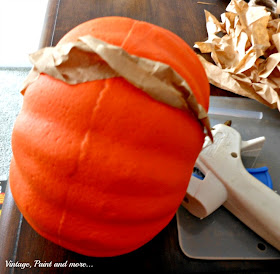 Vintage, Paint and more... covering a dollar store pumpkin with brown lunch bag strips to make it rustic