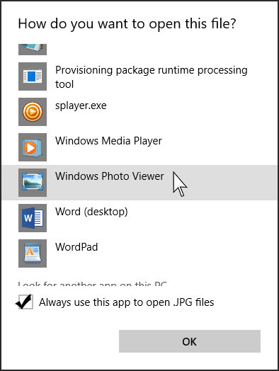 Windows 10 Open With App List