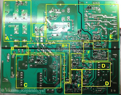 Identificación de los componentes que forman cada bloque de la fuente SSN-161AD. Vista del lado de pistas y componentes SMD principales.