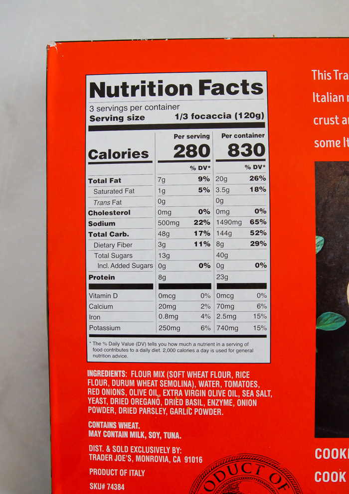 Trader Joe's Tomato & Red Onion Focaccia nutrition info