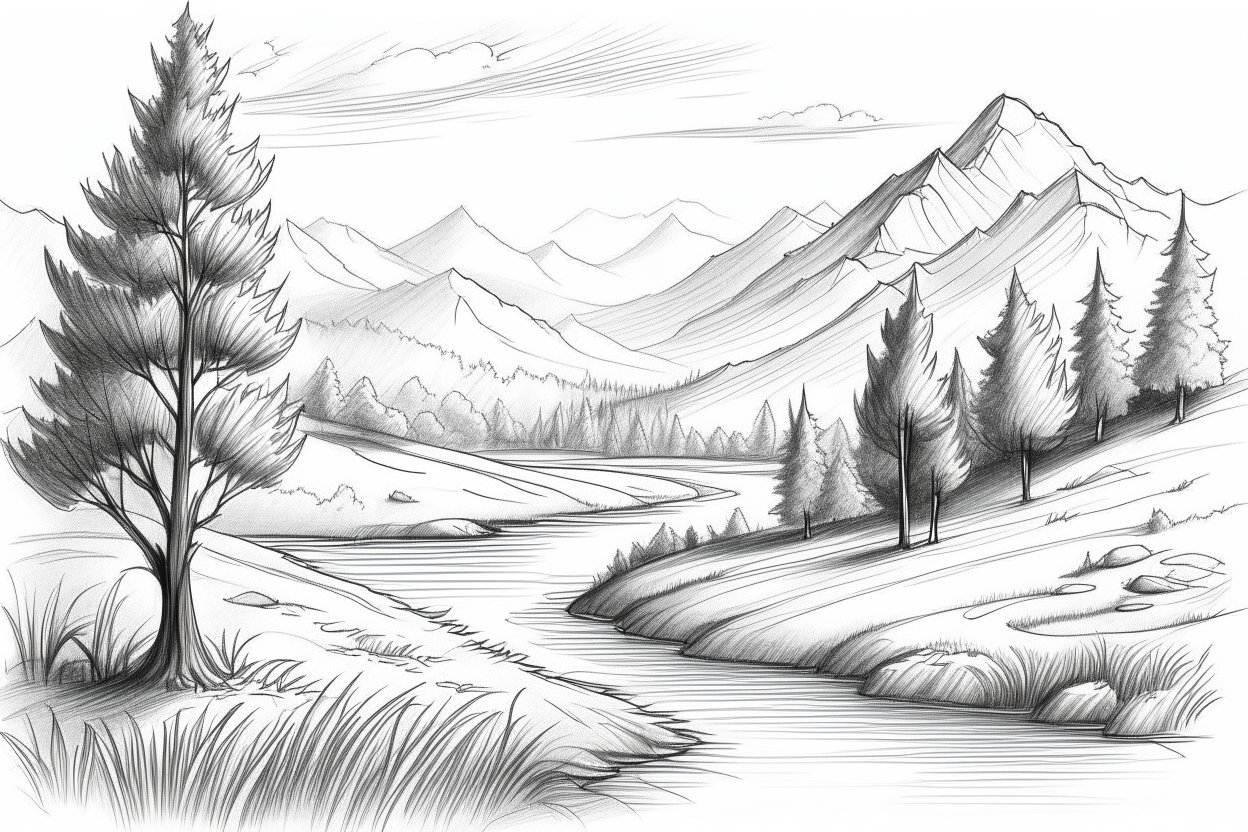 Sketsa Gambar Pemandangan Alam Pegunungan yang Mudah