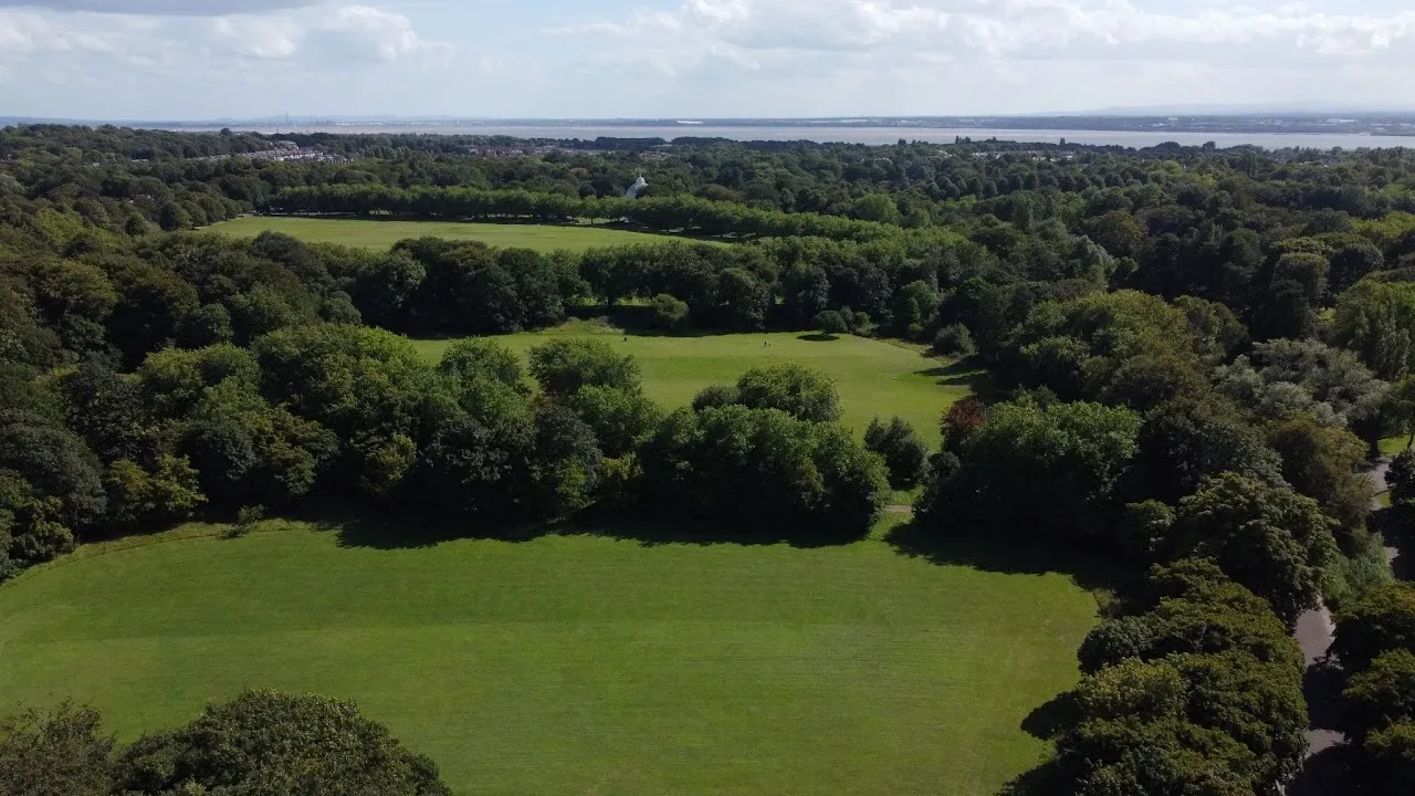 Drone view of fields in Sefton Park