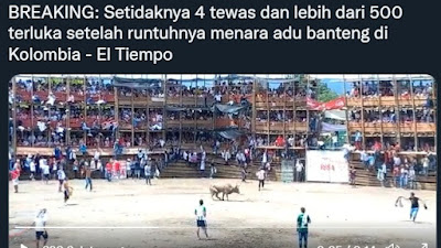 NGERI!  Video Detik-detik Runtuhnya Stadion Adu Banteng di Kolombia, Sedikitnya 6 tewas, 200 terluka