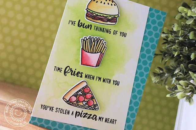 Sunny Studio Stamps: Fast Food Fun Layered Sentiment Love Themed Card by Eloise Blue