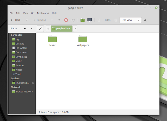 Google Drive mounted in Caja (default MATE file manager) using Gnome Online Accounts / Linux Mint 19 MATE