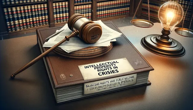 A wide image featuring a courtroom scene with a prominent gavel and a stack of legal documents in the foreground. The title 'Intellectual Property Rights in Crises' is displayed at the top, with additional text 'Balancing Rights and Public Welfare in Emergencies' beneath it. The image conveys a sense of urgency and the importance of legal considerations in crisis situations, particularly regarding compulsory licensing of patents.