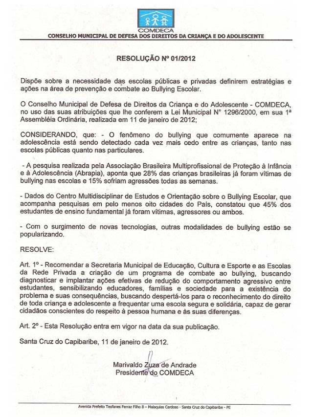 COMDECA‏ aprova resolução recomendando a criação de um programa de combate ao Bullyng