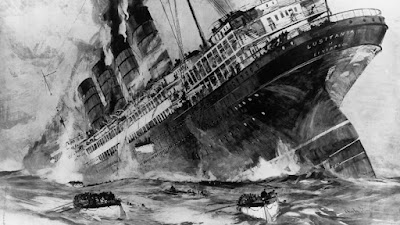 Black and white artist's impression of sinking of RMS Lusitania