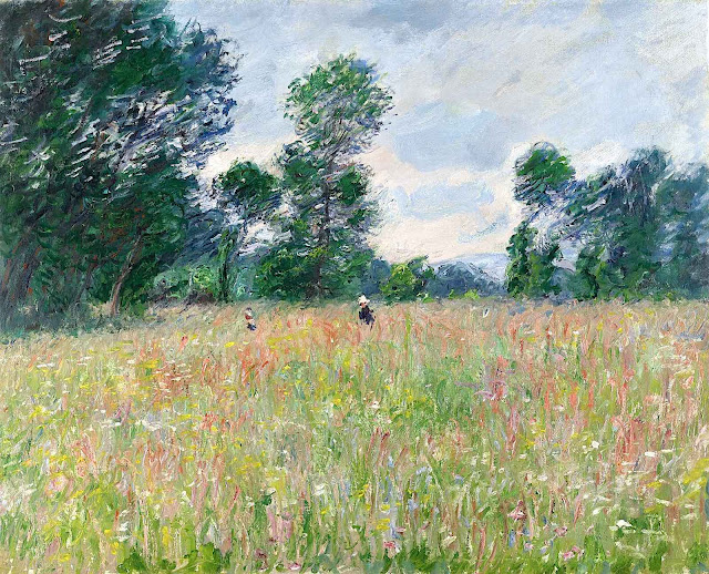 a Claude Monet painting of two people crossing a wild natural field
