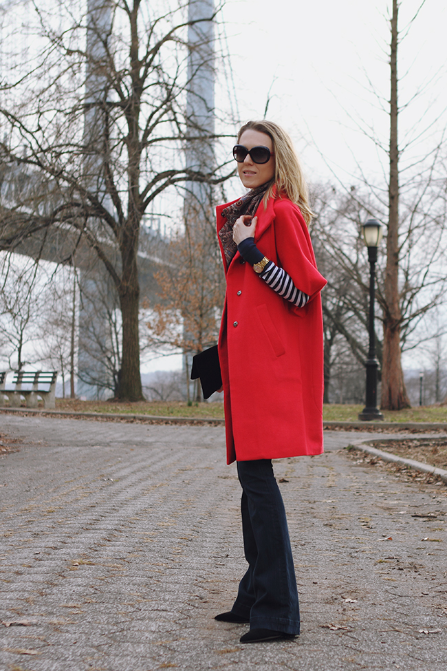 “Red, Stripes, Flares and Other All-Time Favorites” Outfit Post on “The Wind of Inspiration” Blog #twoi #twoistyle #style #fashion #personalstyle #fashionblog #fashionblogger #ootd #outfit #coats #flarejeans #red #stripes