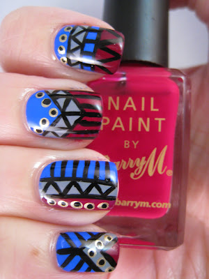 Tribal-nail-art-blue-grey-red-gold-Barry-M-Raspberry